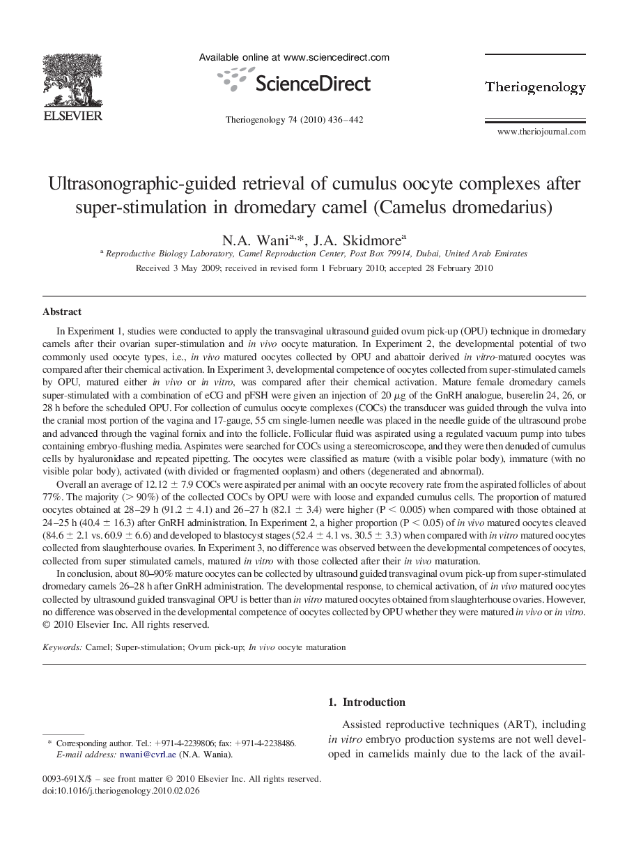 Ultrasonographic-guided retrieval of cumulus oocyte complexes after super-stimulation in dromedary camel (Camelus dromedarius)