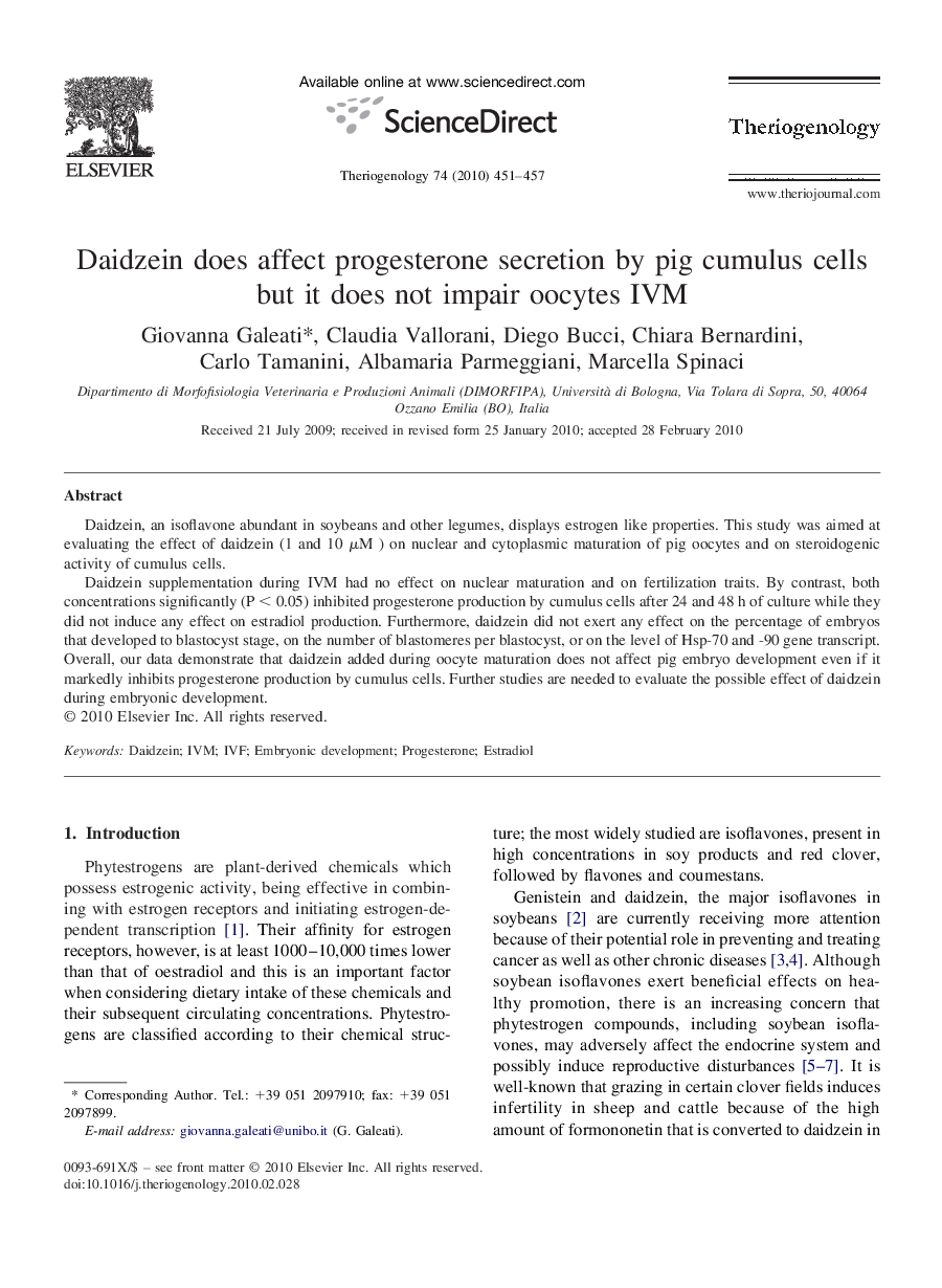 Daidzein does affect progesterone secretion by pig cumulus cells but it does not impair oocytes IVM