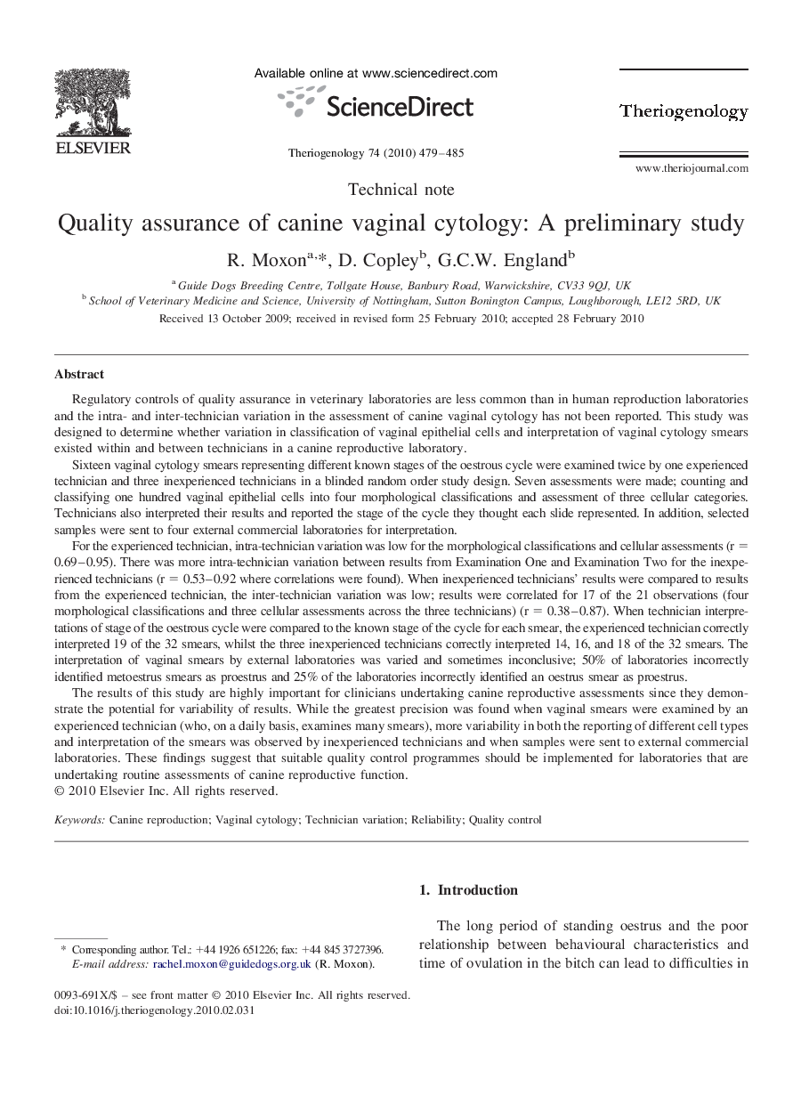 Quality assurance of canine vaginal cytology: A preliminary study