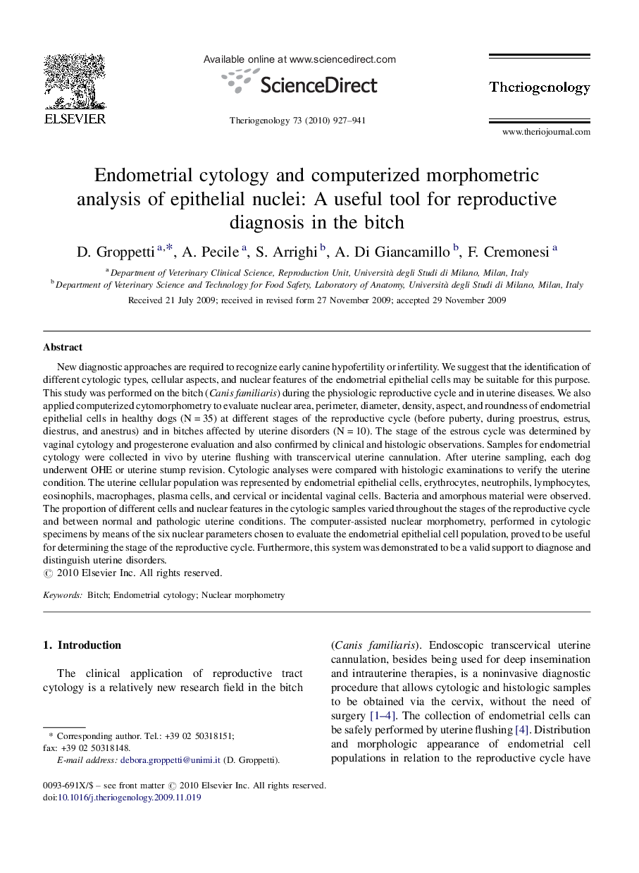 Endometrial cytology and computerized morphometric analysis of epithelial nuclei: A useful tool for reproductive diagnosis in the bitch