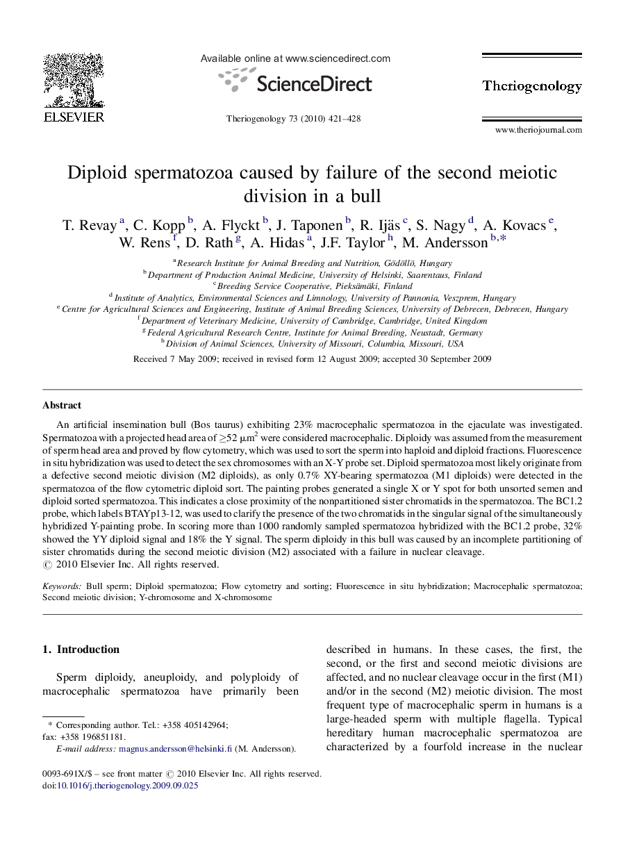 Diploid spermatozoa caused by failure of the second meiotic division in a bull