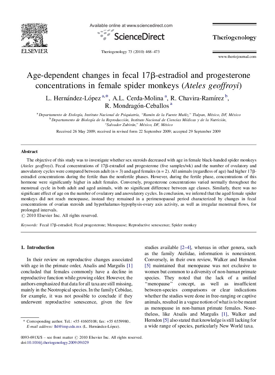 Age-dependent changes in fecal 17Î²-estradiol and progesterone concentrations in female spider monkeys (Ateles geoffroyi)