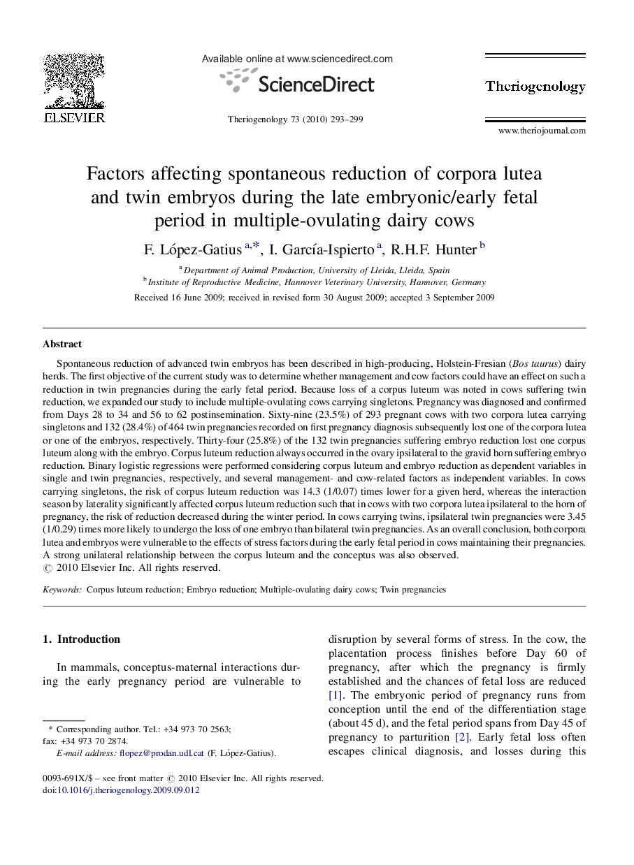 Factors affecting spontaneous reduction of corpora lutea and twin embryos during the late embryonic/early fetal period in multiple-ovulating dairy cows