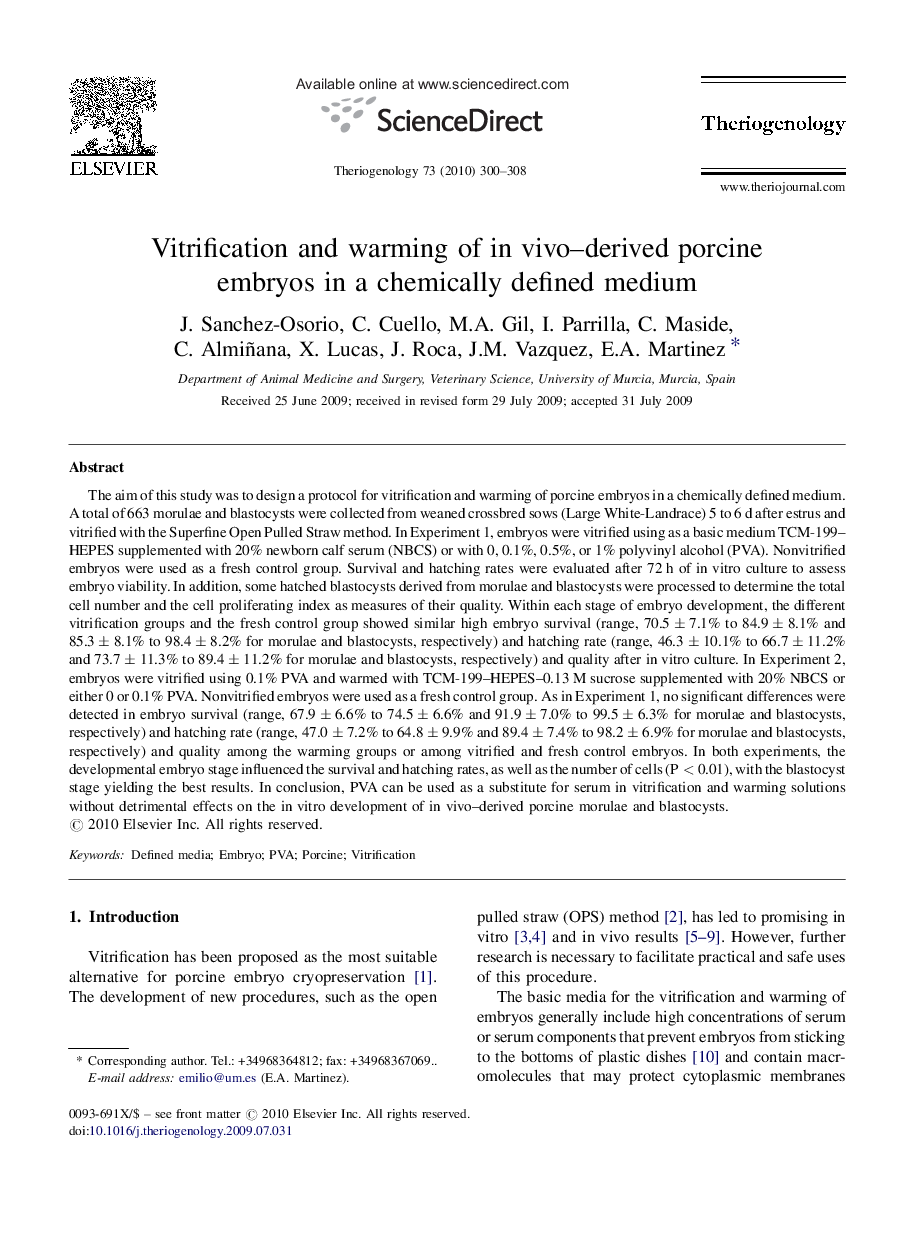 Vitrification and warming of in vivo–derived porcine embryos in a chemically defined medium