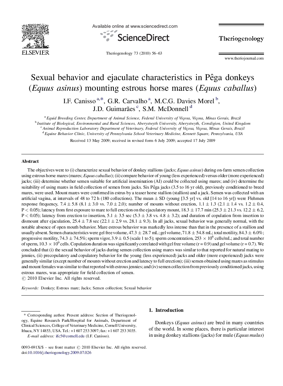 Sexual behavior and ejaculate characteristics in Pêga donkeys (Equus asinus) mounting estrous horse mares (Equus caballus)