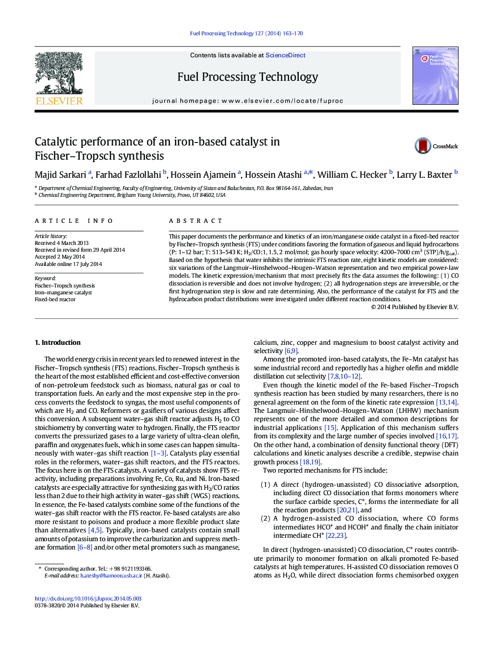 Catalytic performance of an iron-based catalyst in Fischer–Tropsch synthesis