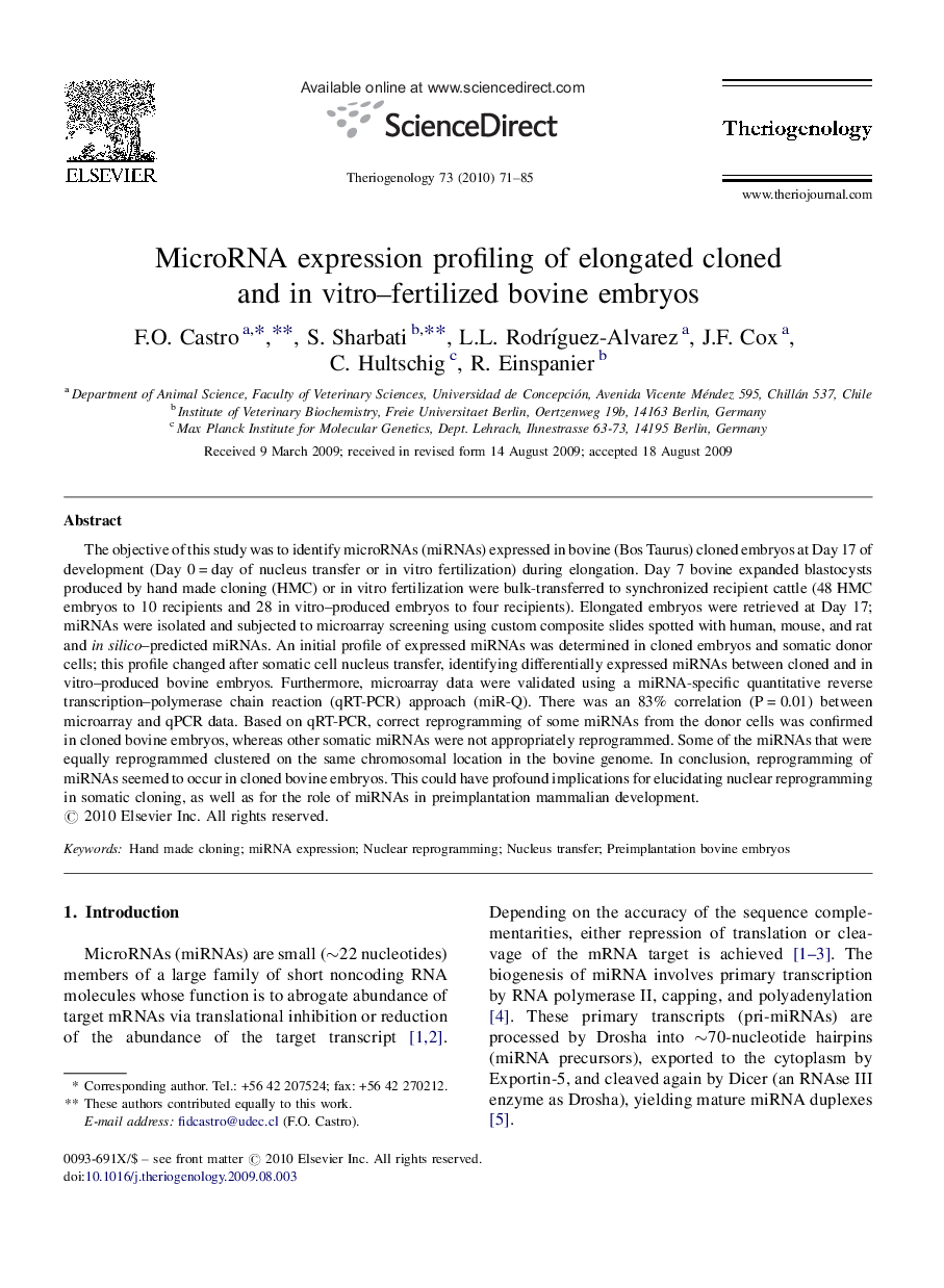 MicroRNA expression profiling of elongated cloned and in vitro–fertilized bovine embryos