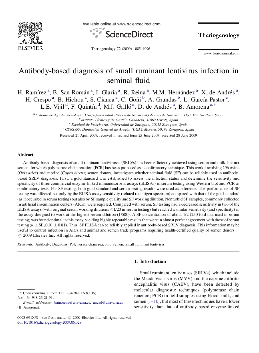 Antibody-based diagnosis of small ruminant lentivirus infection in seminal fluid