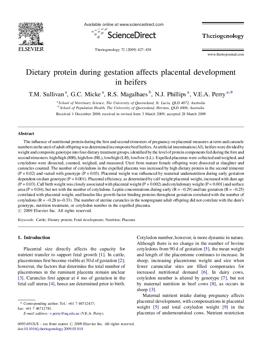 Dietary protein during gestation affects placental development in heifers