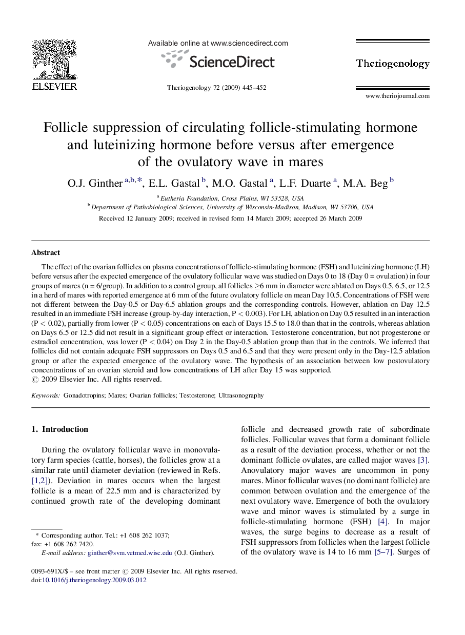 Follicle suppression of circulating follicle-stimulating hormone and luteinizing hormone before versus after emergence of the ovulatory wave in mares