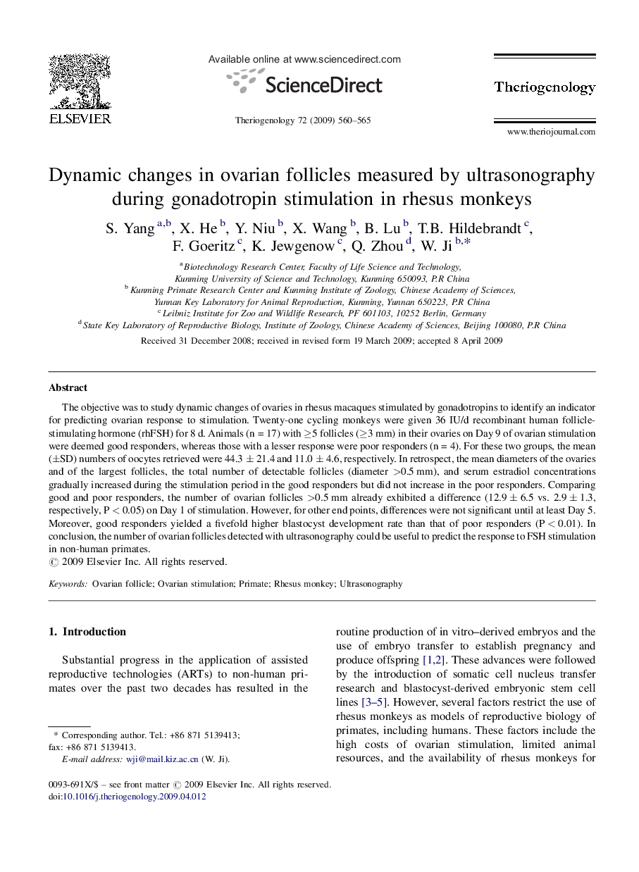 Dynamic changes in ovarian follicles measured by ultrasonography during gonadotropin stimulation in rhesus monkeys