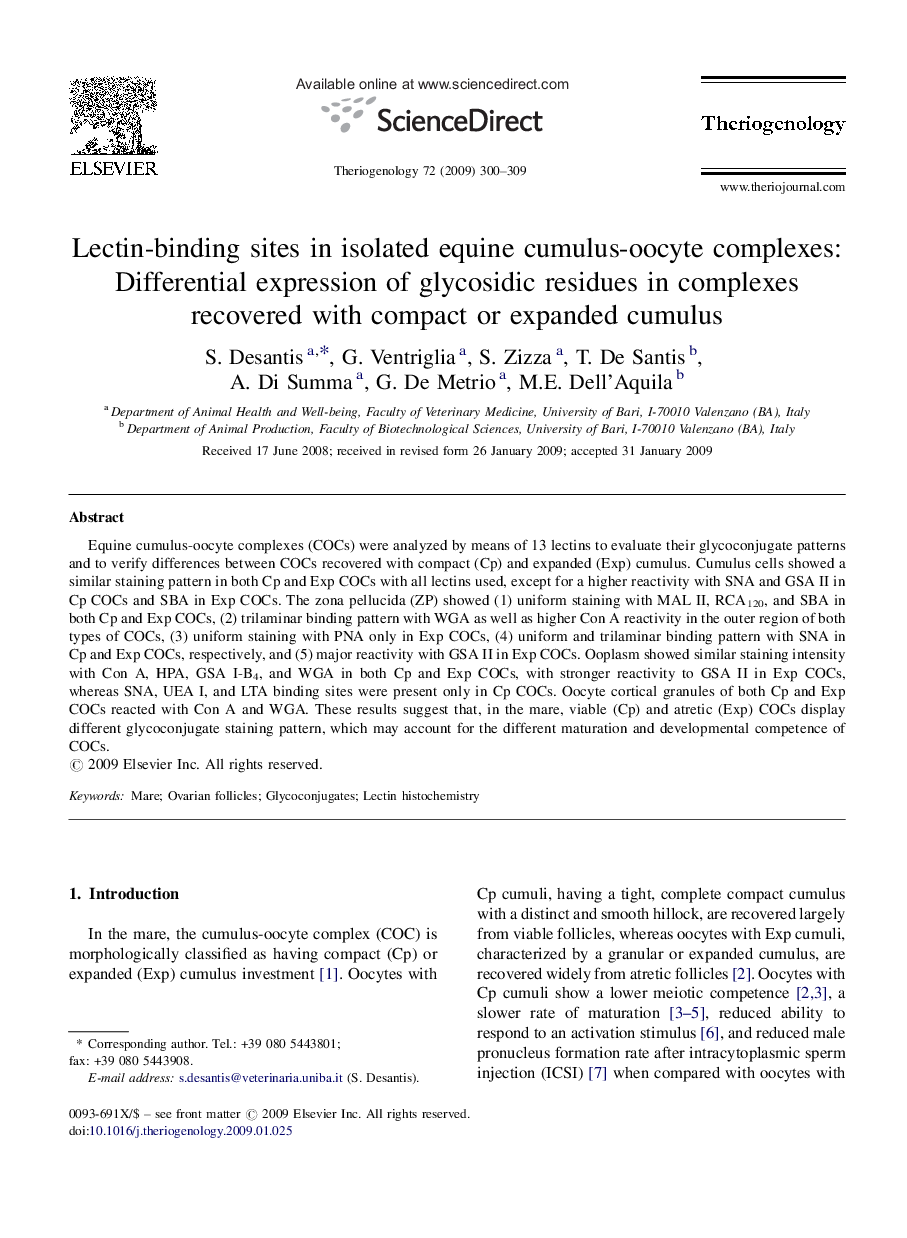 Lectin-binding sites in isolated equine cumulus-oocyte complexes: Differential expression of glycosidic residues in complexes recovered with compact or expanded cumulus