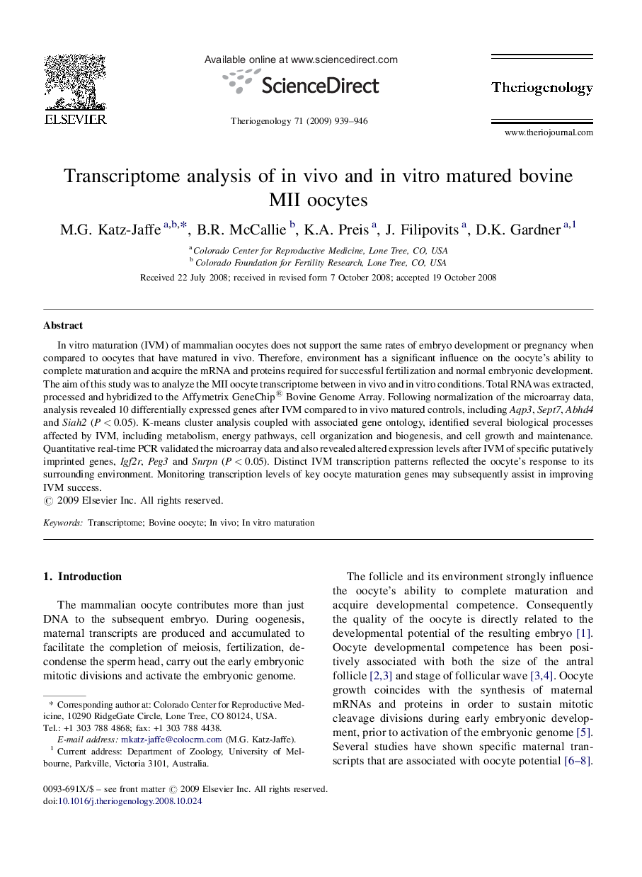 Transcriptome analysis of in vivo and in vitro matured bovine MII oocytes