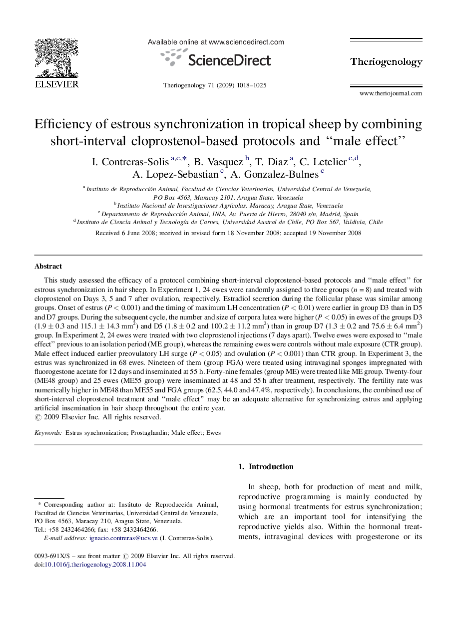 Efficiency of estrous synchronization in tropical sheep by combining short-interval cloprostenol-based protocols and “male effect”