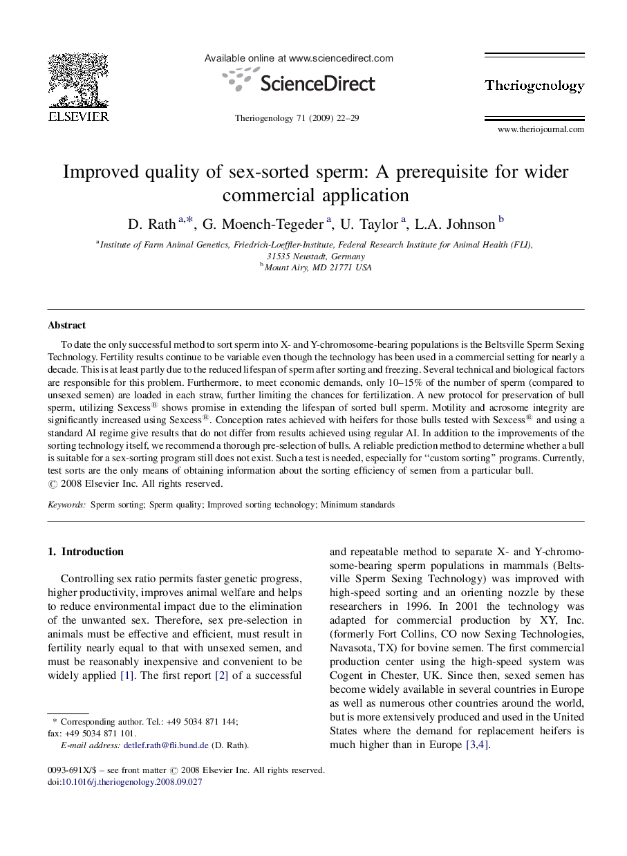 Improved quality of sex-sorted sperm: A prerequisite for wider commercial application