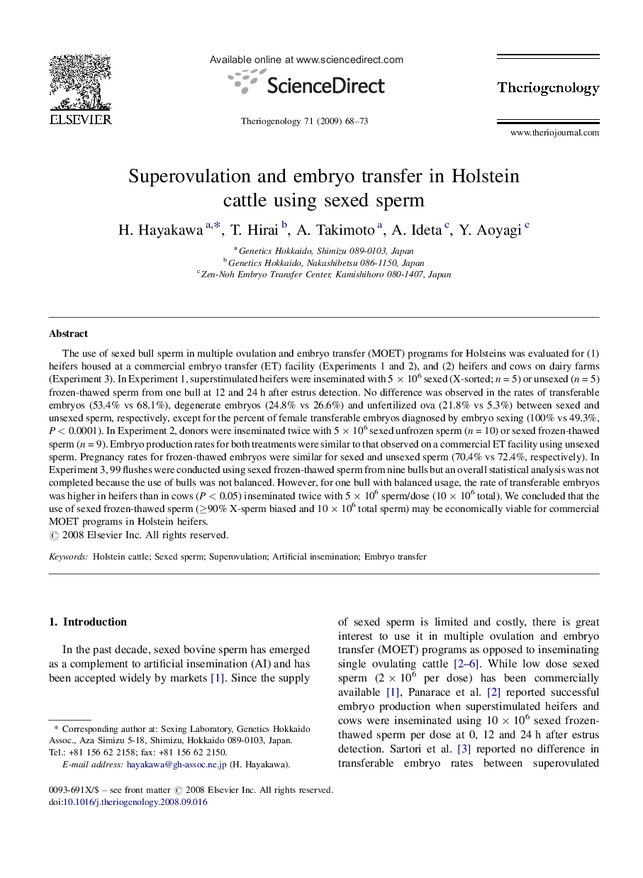 Superovulation and embryo transfer in Holstein cattle using sexed sperm