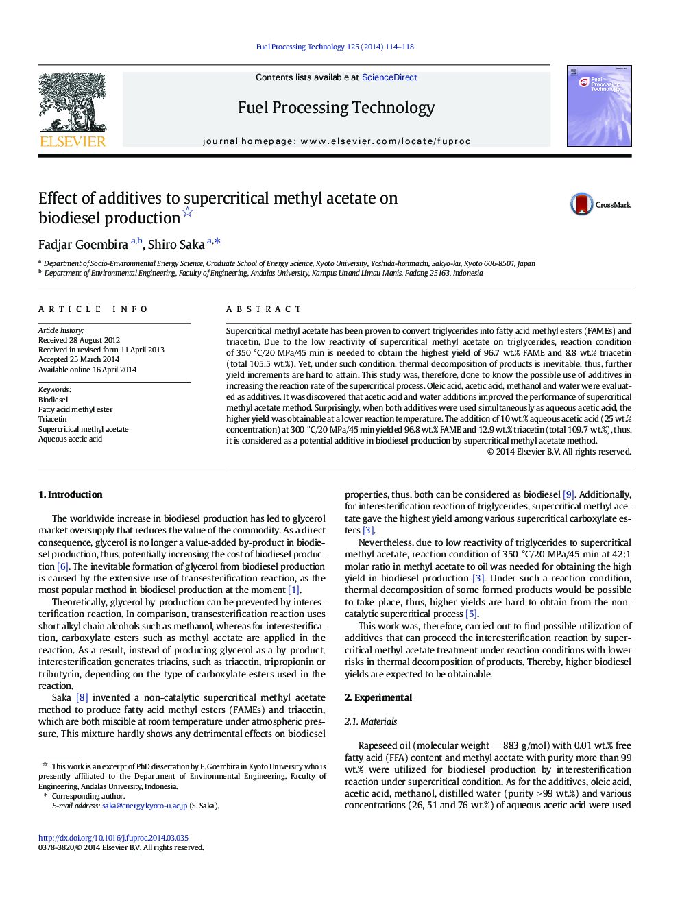 Effect of additives to supercritical methyl acetate on biodiesel production 