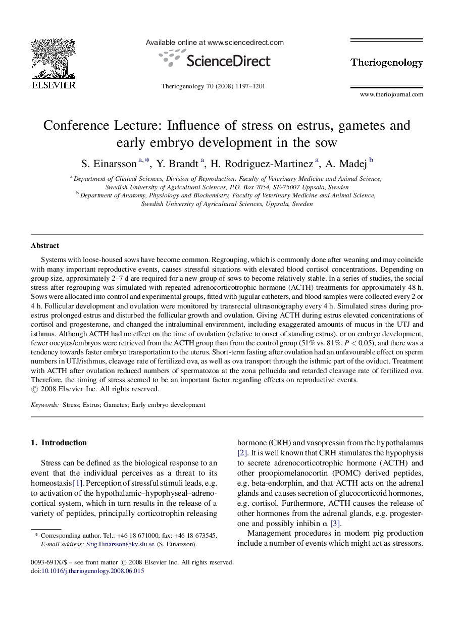 Conference Lecture: Influence of stress on estrus, gametes and early embryo development in the sow