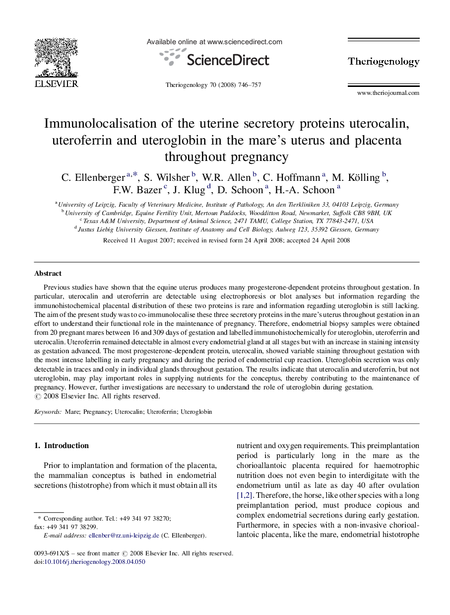 Immunolocalisation of the uterine secretory proteins uterocalin, uteroferrin and uteroglobin in the mare's uterus and placenta throughout pregnancy