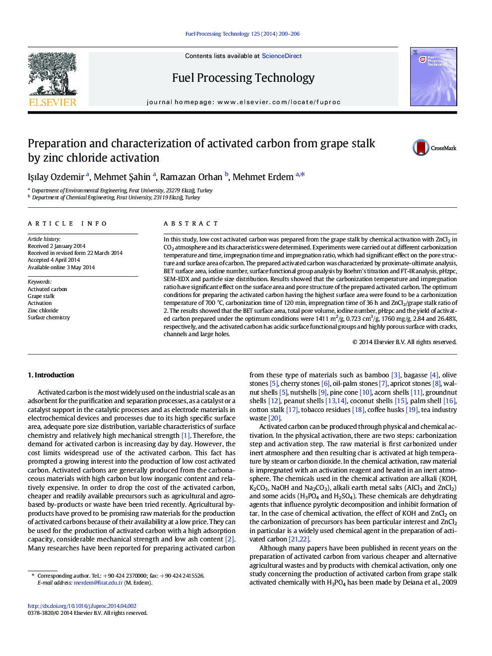 Preparation and characterization of activated carbon from grape stalk by zinc chloride activation