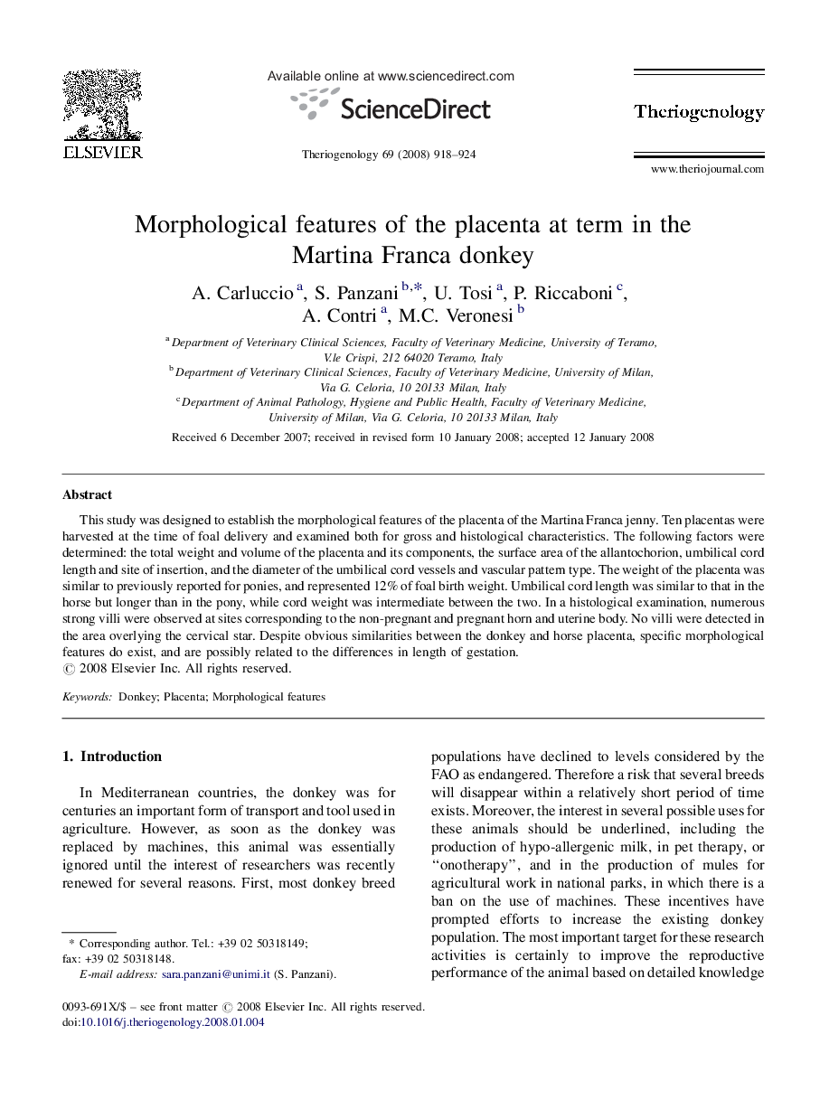 Morphological features of the placenta at term in the Martina Franca donkey