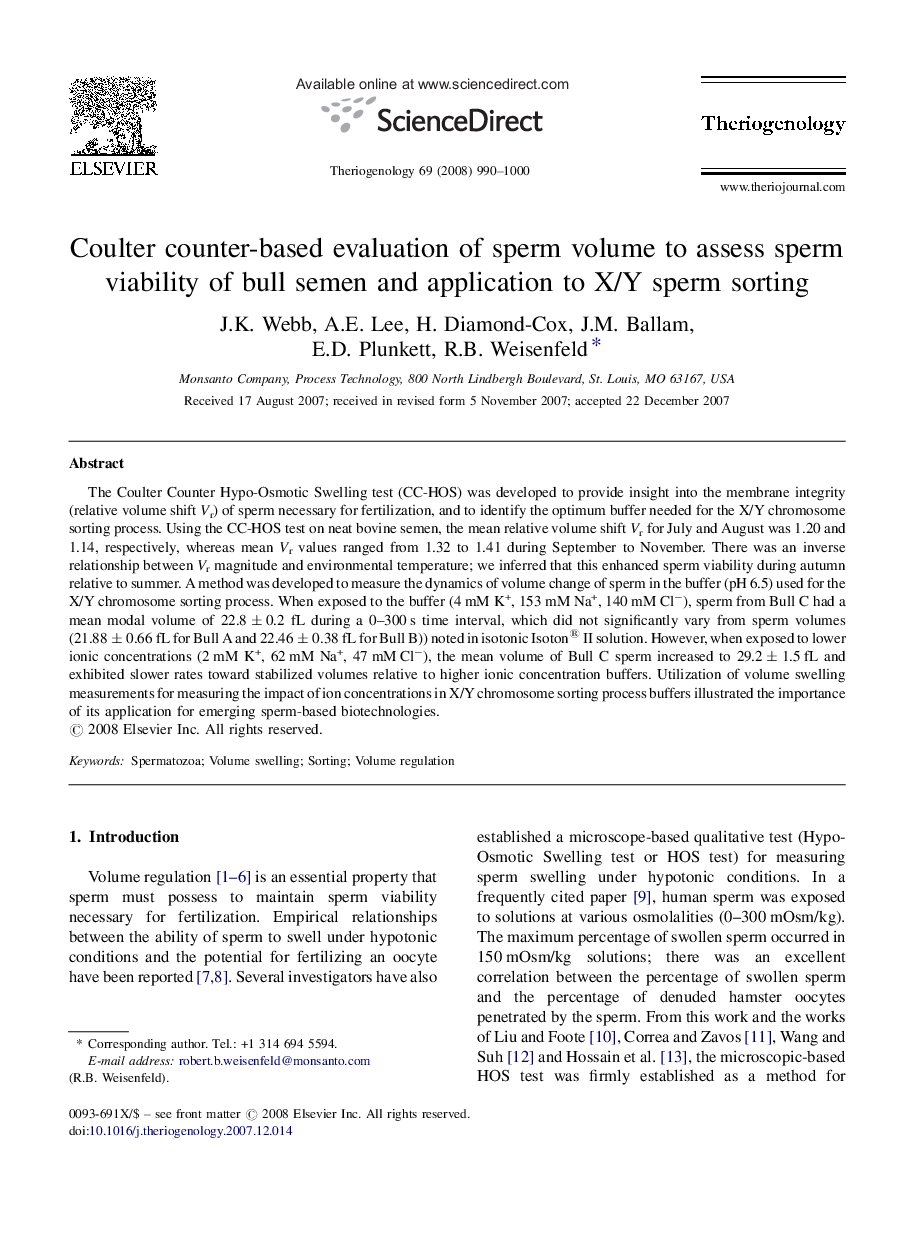 Coulter counter-based evaluation of sperm volume to assess sperm viability of bull semen and application to X/Y sperm sorting