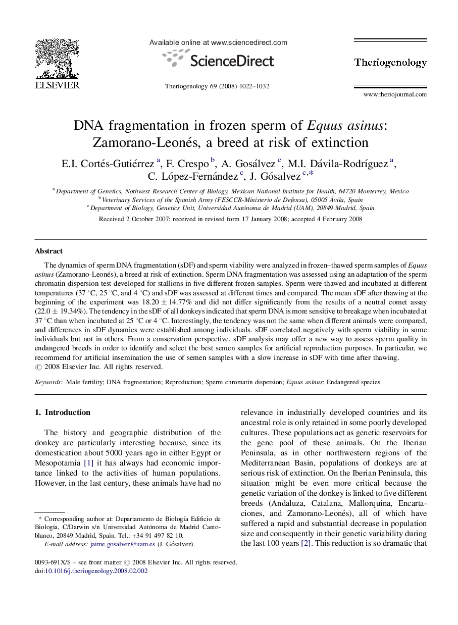 DNA fragmentation in frozen sperm of Equus asinus: Zamorano-Leonés, a breed at risk of extinction