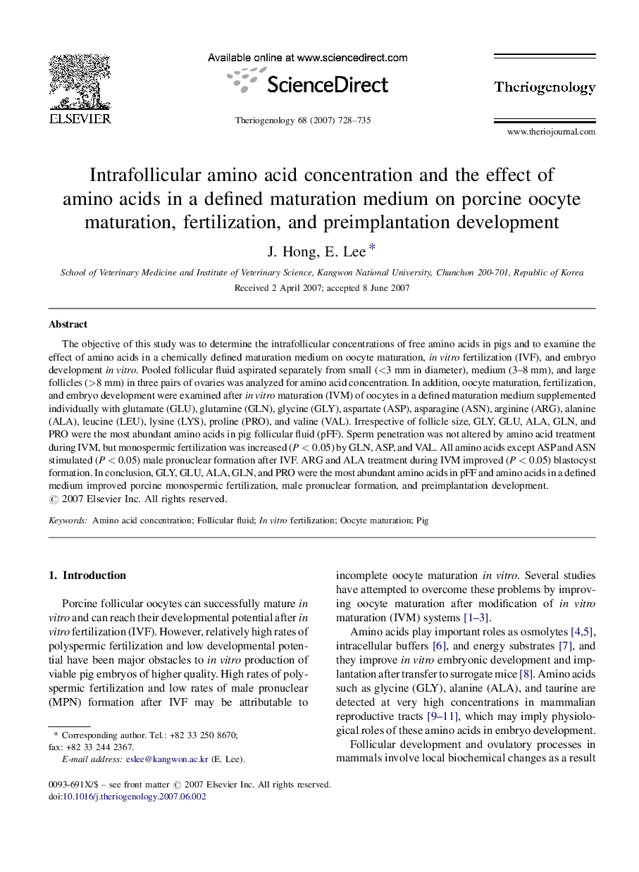 Intrafollicular amino acid concentration and the effect of amino acids in a defined maturation medium on porcine oocyte maturation, fertilization, and preimplantation development