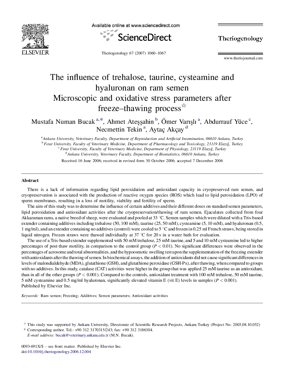 The influence of trehalose, taurine, cysteamine and hyaluronan on ram semen : Microscopic and oxidative stress parameters after freeze–thawing process