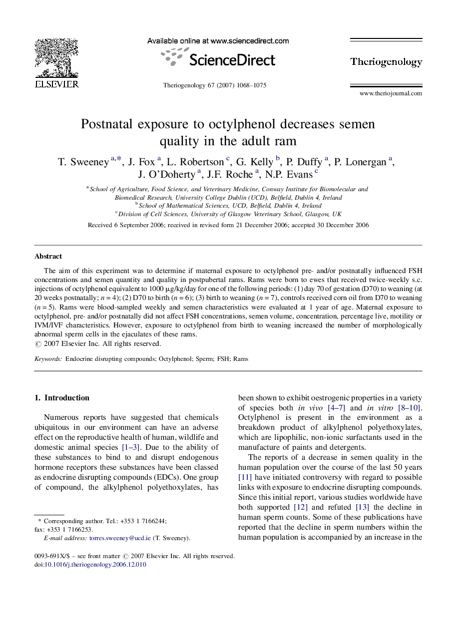 Postnatal exposure to octylphenol decreases semen quality in the adult ram