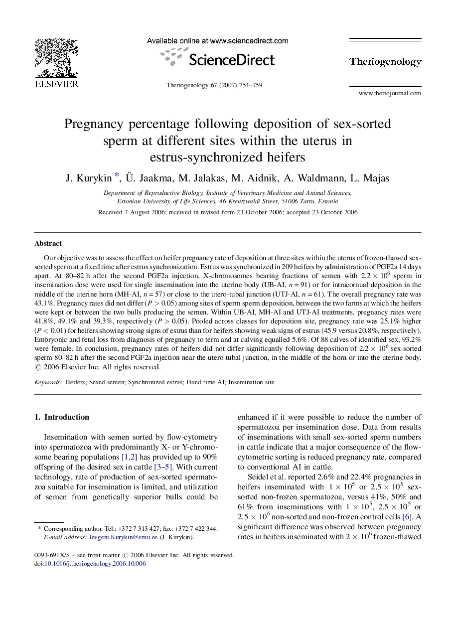 Pregnancy percentage following deposition of sex-sorted sperm at different sites within the uterus in estrus-synchronized heifers