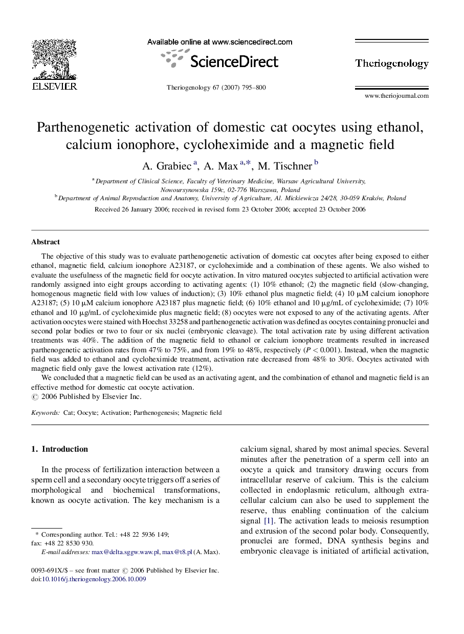 Parthenogenetic activation of domestic cat oocytes using ethanol, calcium ionophore, cycloheximide and a magnetic field