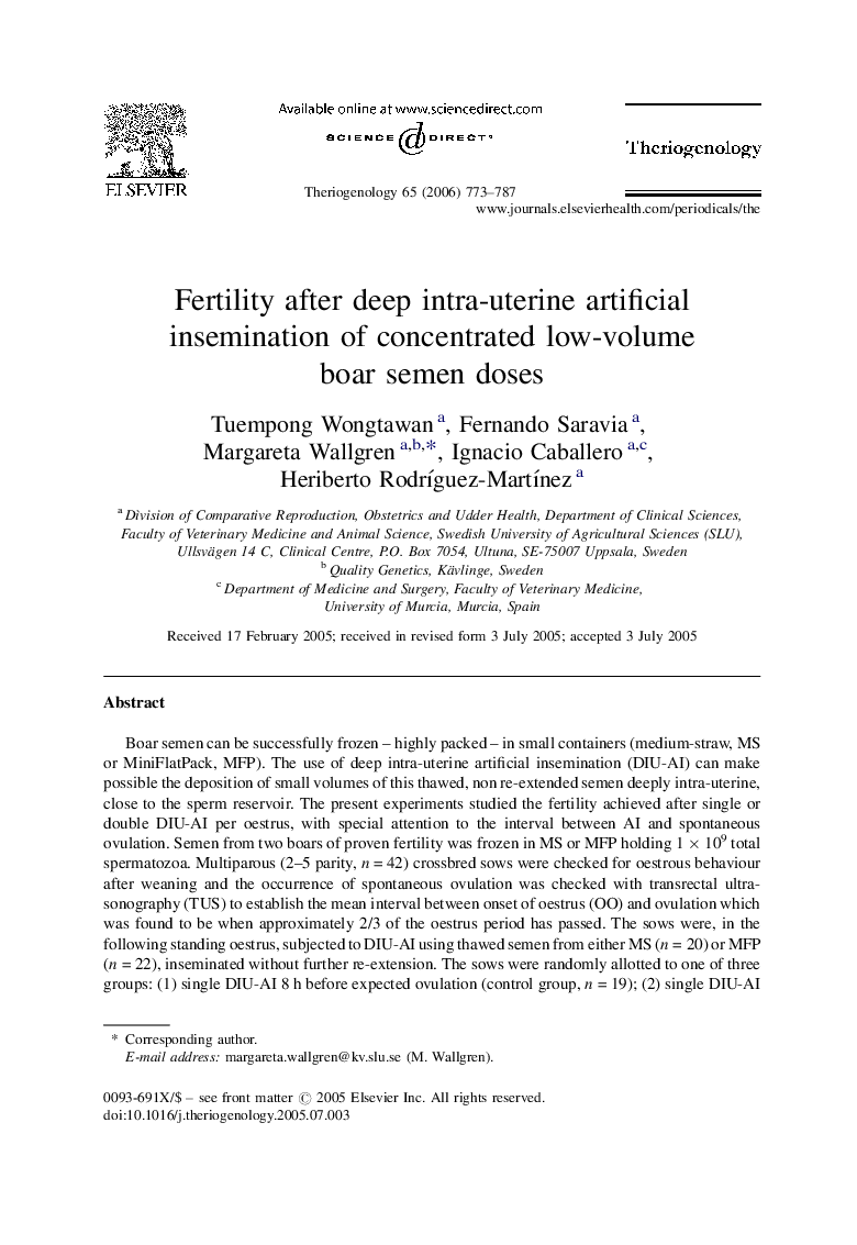 Fertility after deep intra-uterine artificial insemination of concentrated low-volume boar semen doses