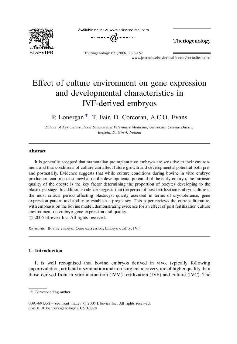 Effect of culture environment on gene expression and developmental characteristics in IVF-derived embryos