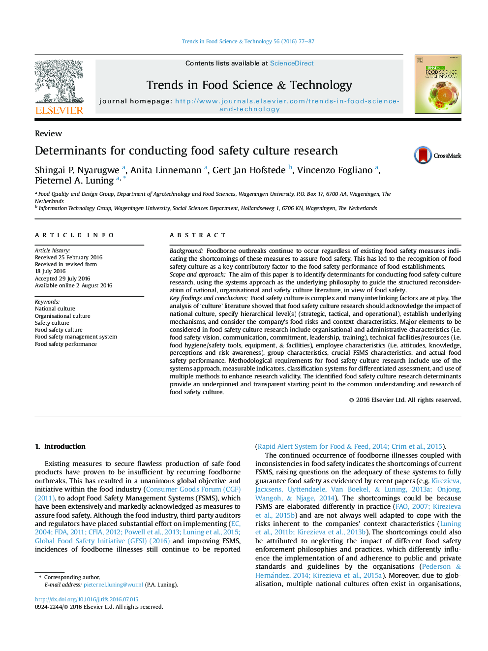 Determinants for conducting food safety culture research