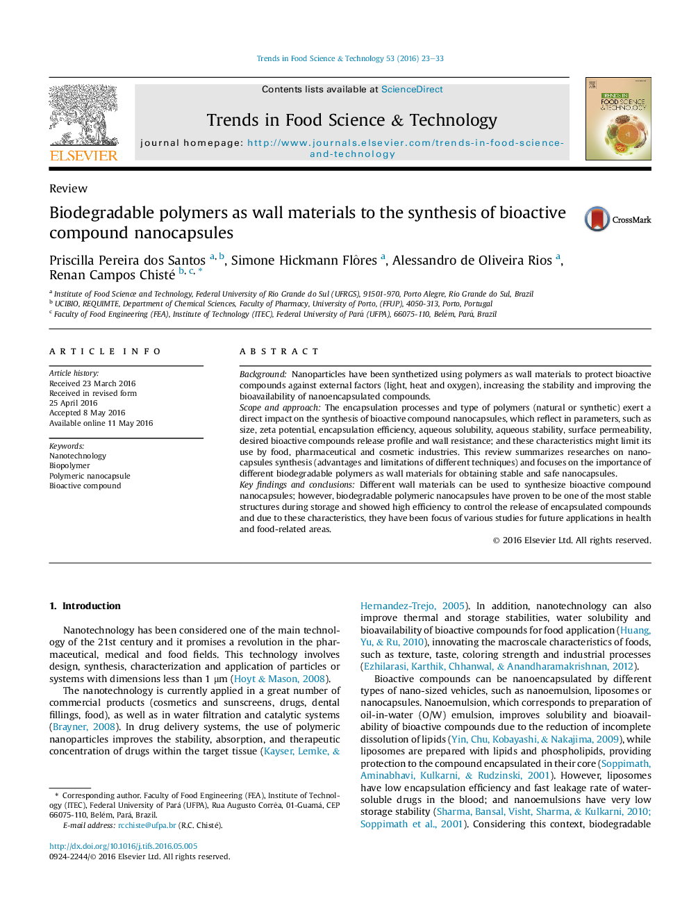 Biodegradable polymers as wall materials to the synthesis of bioactive compound nanocapsules