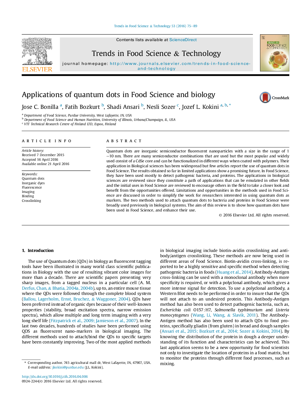 Applications of quantum dots in Food Science and biology