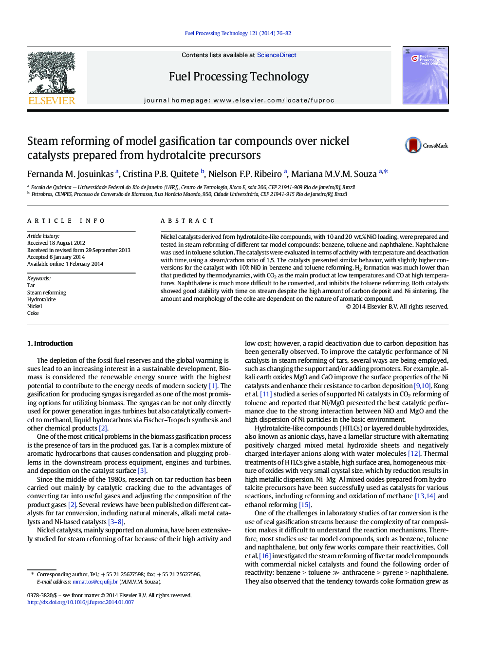 Steam reforming of model gasification tar compounds over nickel catalysts prepared from hydrotalcite precursors