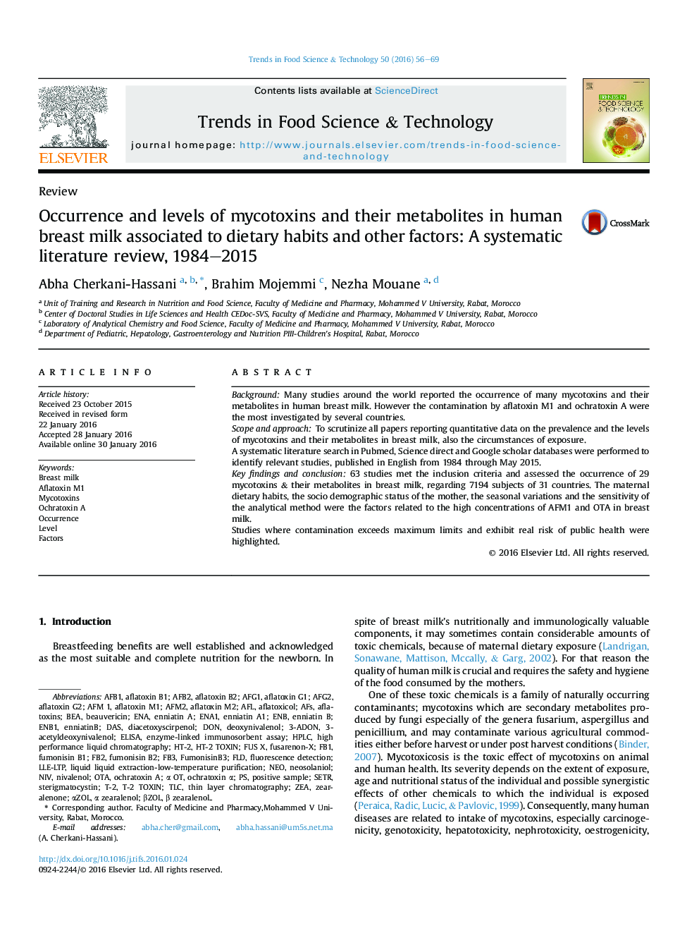 Occurrence and levels of mycotoxins and their metabolites in human breast milk associated to dietary habits and other factors: A systematic literature review, 1984–2015