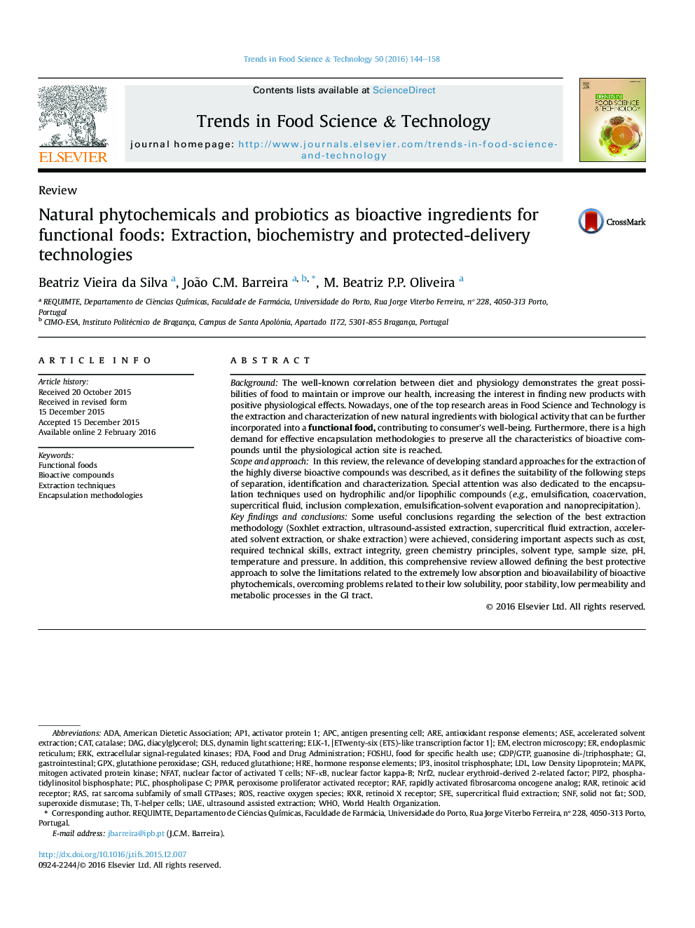 Natural phytochemicals and probiotics as bioactive ingredients for functional foods: Extraction, biochemistry and protected-delivery technologies