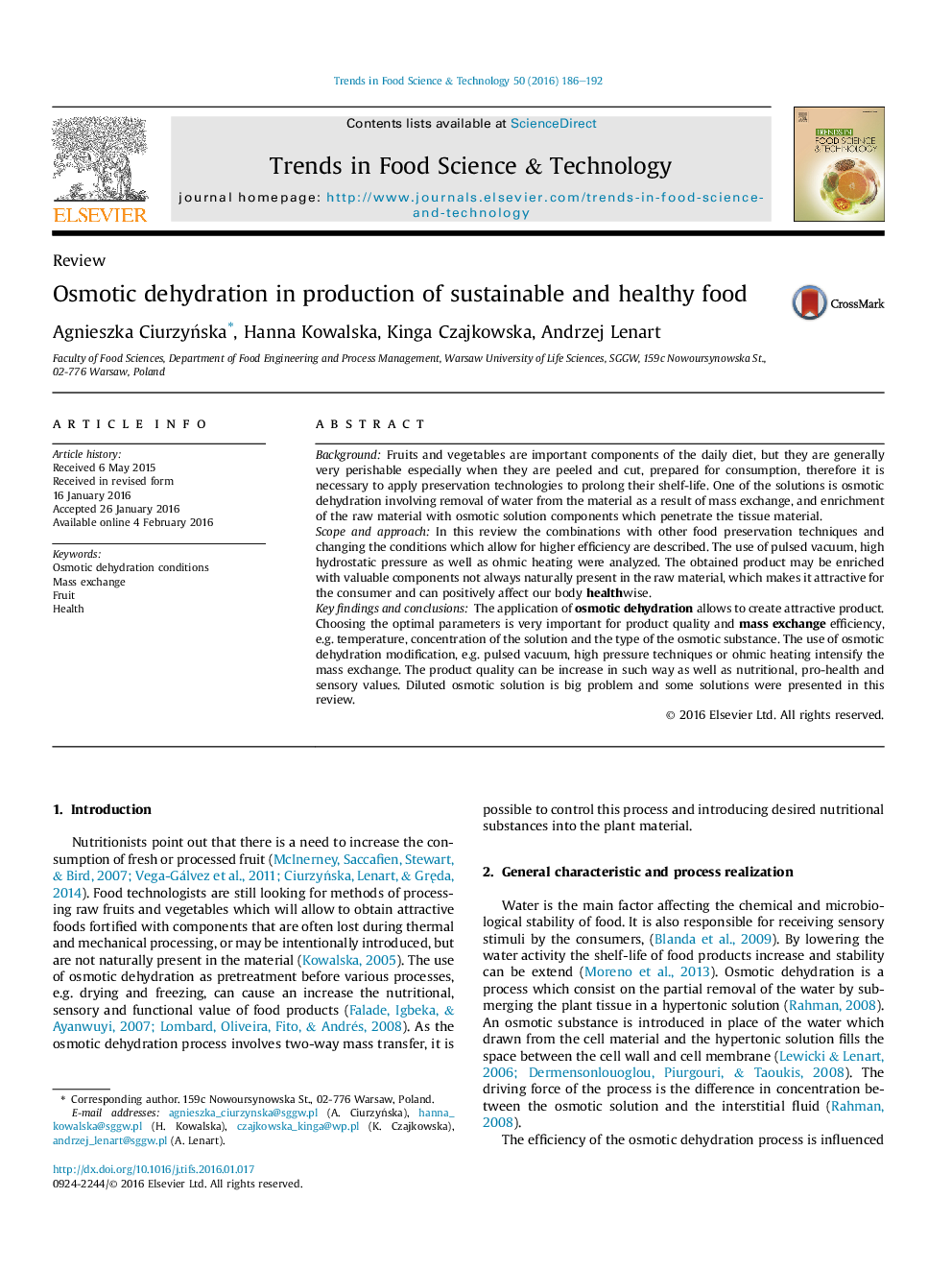 Osmotic dehydration in production of sustainable and healthy food