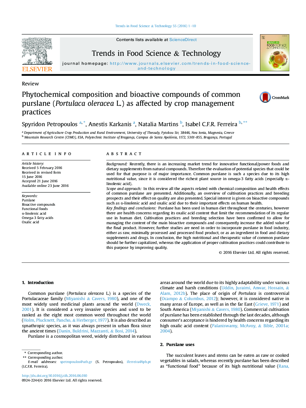 Phytochemical composition and bioactive compounds of common purslane (Portulaca oleracea L.) as affected by crop management practices