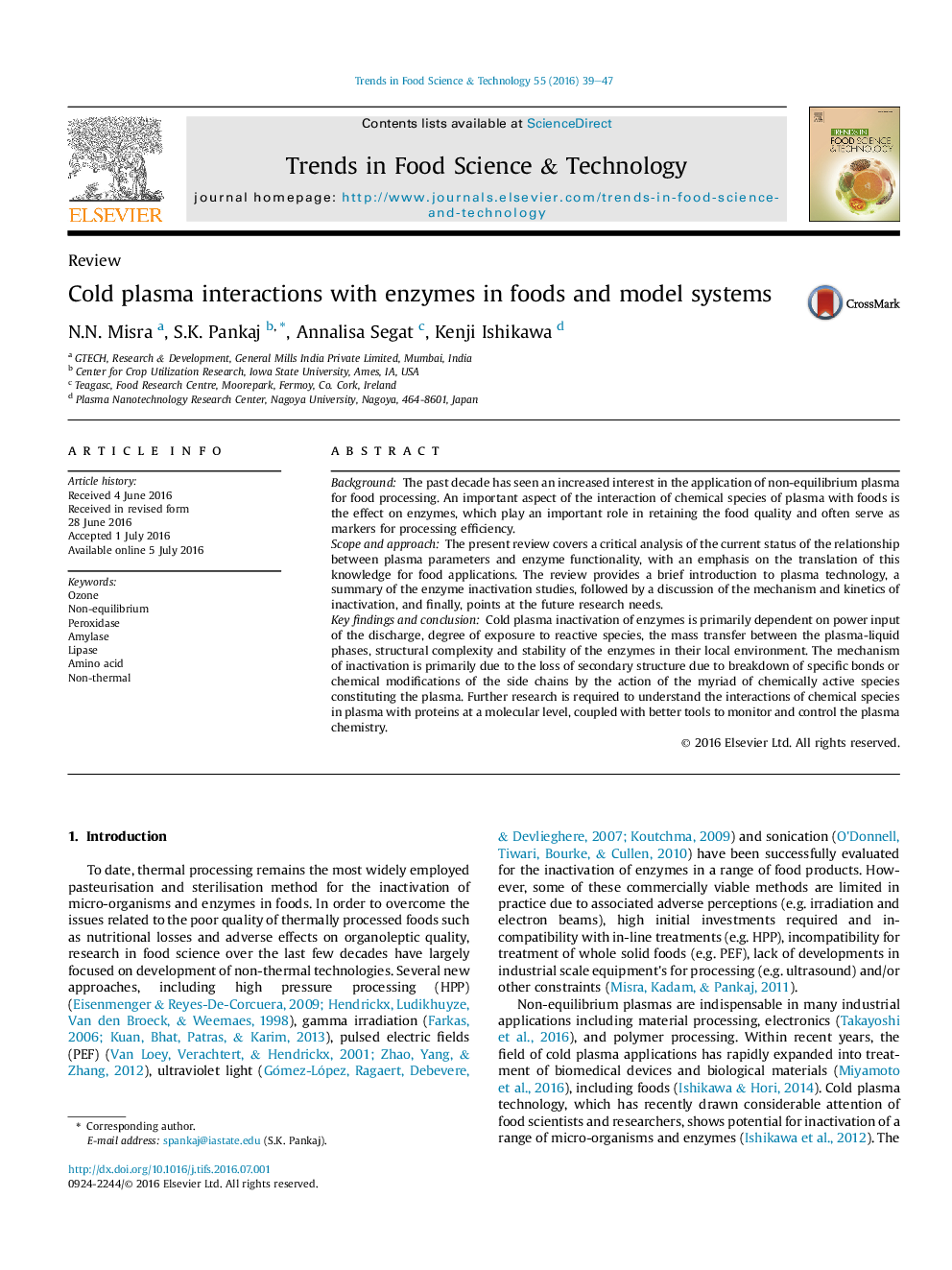 Cold plasma interactions with enzymes in foods and model systems