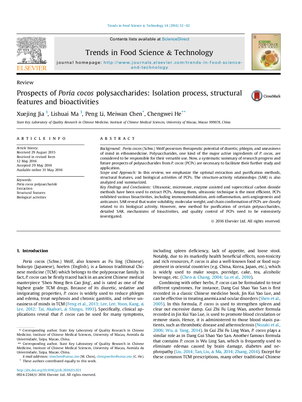 Prospects of Poria cocos polysaccharides: Isolation process, structural features and bioactivities