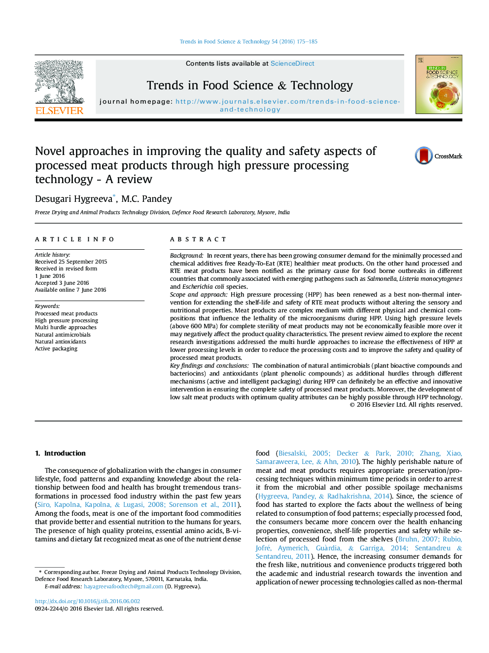 Novel approaches in improving the quality and safety aspects of processed meat products through high pressure processing technology - A review