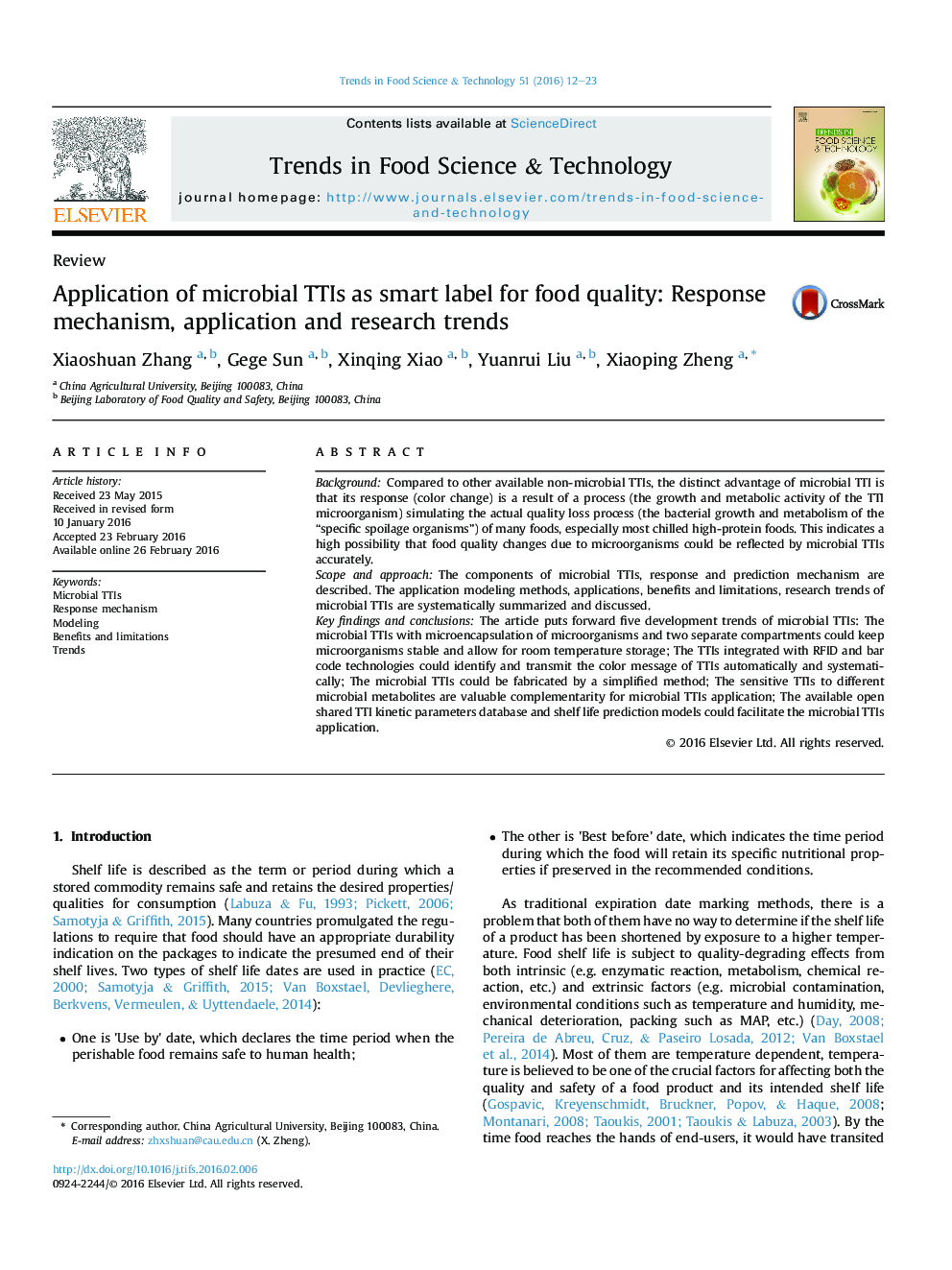 Application of microbial TTIs as smart label for food quality: Response mechanism, application and research trends