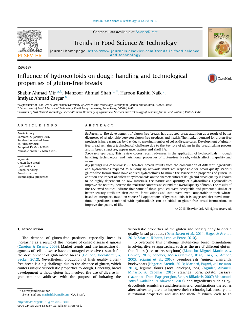 Influence of hydrocolloids on dough handling and technological properties of gluten-free breads