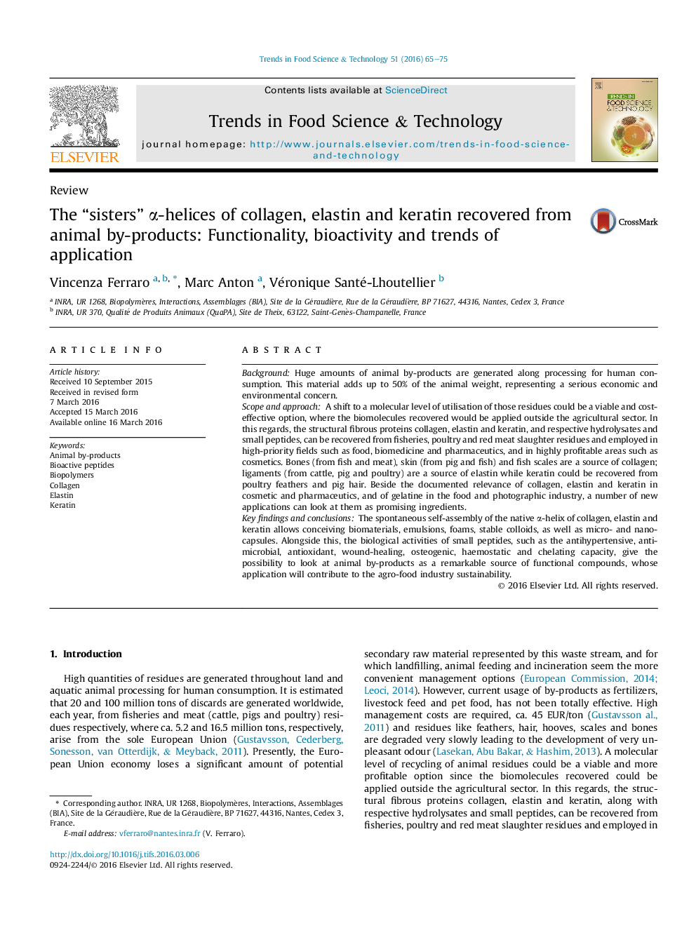 The “sisters” α-helices of collagen, elastin and keratin recovered from animal by-products: Functionality, bioactivity and trends of application