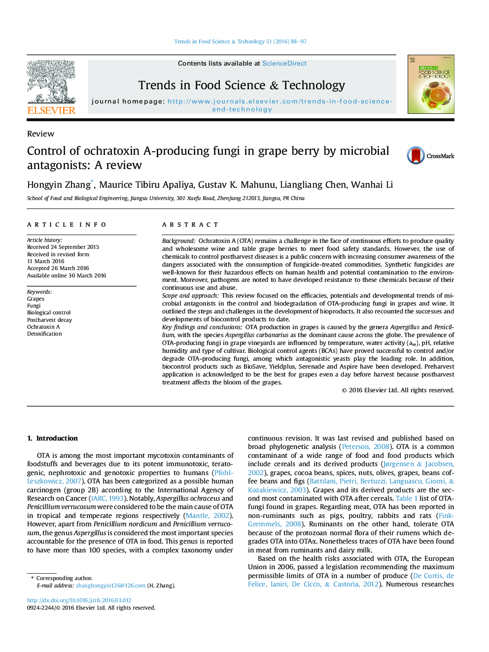 Control of ochratoxin A-producing fungi in grape berry by microbial antagonists: A review