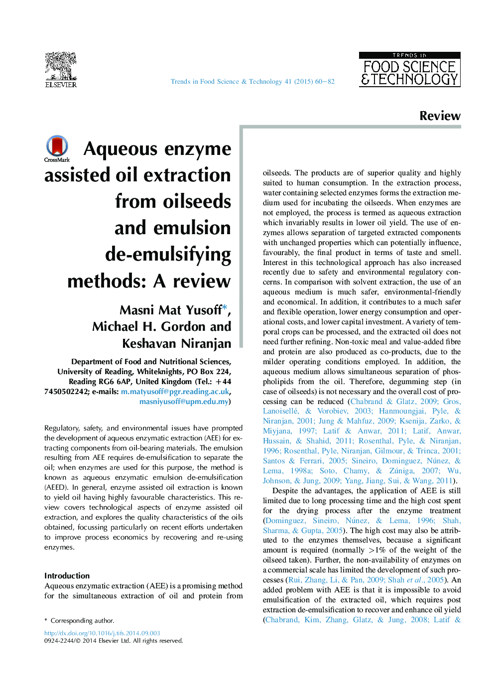 Aqueous enzyme assisted oil extraction from oilseeds and emulsion de-emulsifying methods: A review